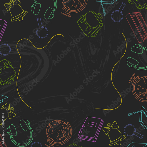 Hand-drawn school banner featuring a black chalkboard surrounded by colorful school doodles and educational elements, with a spacious blank area for custom text or information