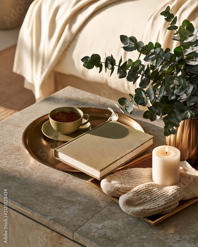 Premium self care ritual with journal tea grip socks eucalyptus and wellness accessories showcasing luxury restorative intentional living