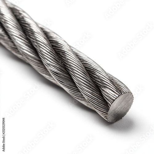 High-resolution 3D rendering of a strong industrial steel cable wire rope isolated on a clean white background. Essential element for construction, engineering, and heavy industry concepts.
