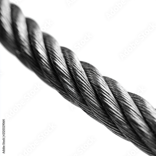 High-resolution 3D rendering of a strong industrial steel cable wire rope isolated on a clean white background. Essential element for construction, engineering, and heavy industry concepts.
