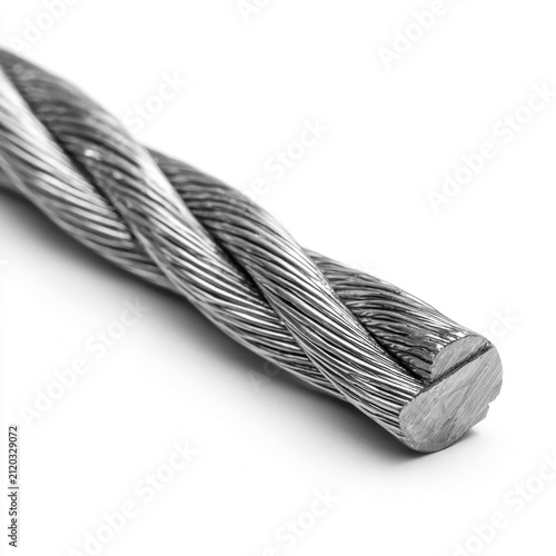 High-resolution 3D rendering of a strong industrial steel cable wire rope isolated on a clean white background. Essential element for construction, engineering, and heavy industry concepts.
