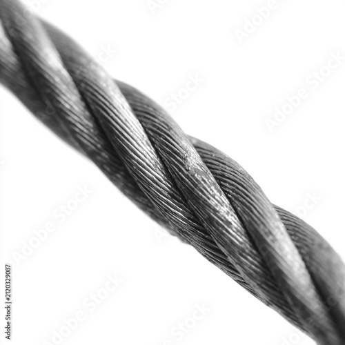 High-resolution 3D rendering of a strong industrial steel cable wire rope isolated on a clean white background. Essential element for construction, engineering, and heavy industry concepts.
