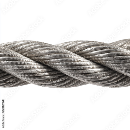 High-resolution 3D rendering of a strong industrial steel cable wire rope isolated on a clean white background. Essential element for construction, engineering, and heavy industry concepts.
