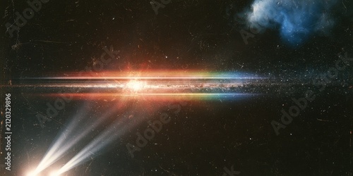 Streaking light beams, lens flare, and cosmic dust create a vibrant, abstract, and futuristic celestial scene