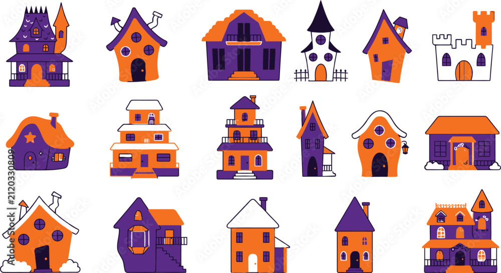Naklejka premium Set of various spooky haunted houses for halloween decorations featuring colorful cartoon style buildings on white background