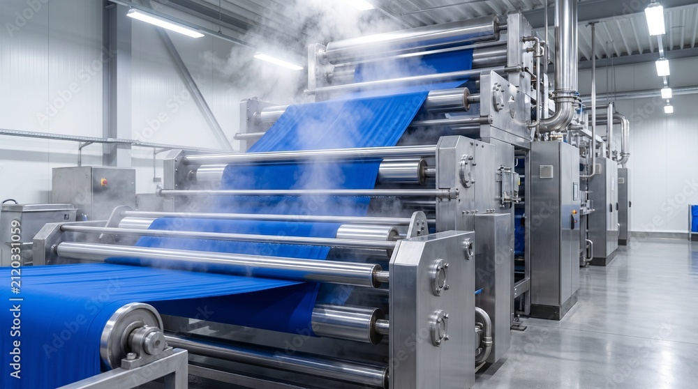 Fototapeta premium Industrial printing machine running blue plastic film through metal rollers in a modern manufacturing factory