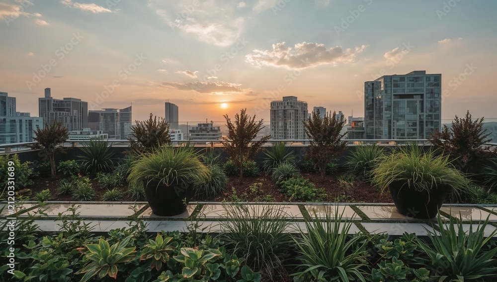 Fototapeta premium Modern rooftop garden with lush plants overlooking a city skyline during a golden sunset.
