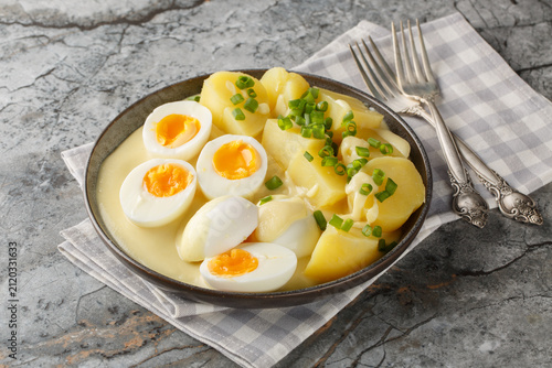 Close-up of hard-boiled eggs in mustard sauce with a side dish of boiled potatoes in a plate on the table. Horizontal