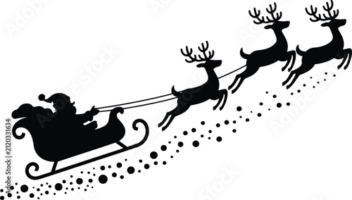 Foto Black silhouette of santa claus riding in his sleigh pulled by flying reindeer o