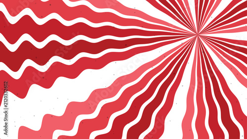 Red and white wavy sunburst background with radiating comic rays and vintage grainy texture.