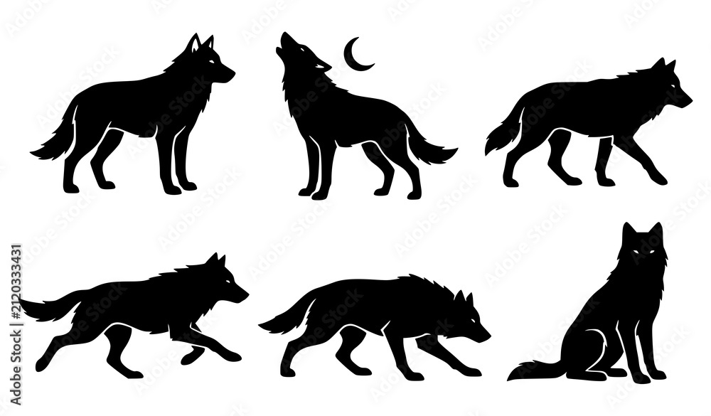 Obraz premium Wolf Silhouette Vector Set Featuring Howling at the Moon, Running, Stalking, and Sitting Poses for Wilderness and Wildlife Graphic Designs 