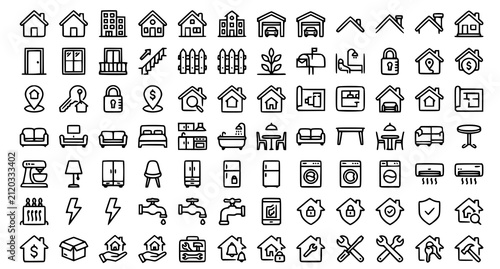 Foto House Related Line Icon Set with Home Building Property and Interior Editable St