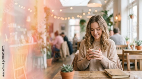 Cozy young woman in sweater enjoying warm cup of coffee in sunlit cafe with bokeh lights and plants, relaxed expression and soft textured light leaks creating warm hazy atmosphere