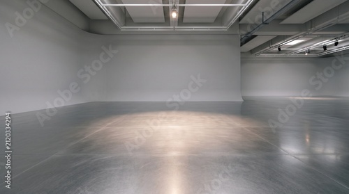 Empty industrial photography studio with metallic floor spotlighted by ceiling fixtures creating reflective highlight and soft shadows, minimalist space conveying neutral mood and creative
