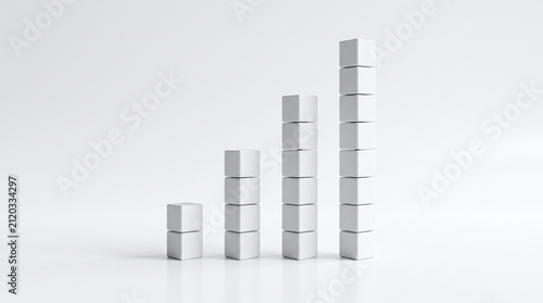 Stacked white cubes forming ascending column chart on minimal white background, clean geometric composition conveying growth and progress with modern minimalist aesthetic