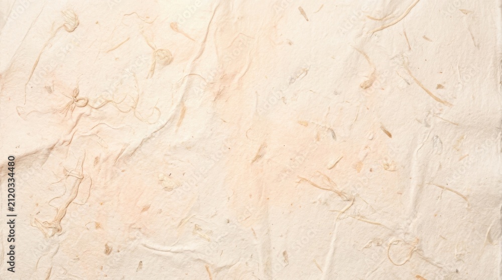 Fototapeta premium Handmade paper sheet with knotted fibers and subtle beige texture, soft organic pulp surface showing natural inclusions and creases, rustic craft background evoking warm artisanal feel