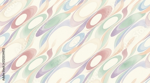 Soft abstract oval pattern in pastel watercolor tones, flowing diagonal composition with cream background, serene decorative seamless design perfect for textiles and modern wallpaper