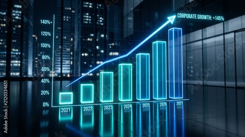Corporate growth bar chart rising across years with glowing neon bars and upward arrow indicating increasing revenue and performance, futuristic office skyline reflection, optimistic financial