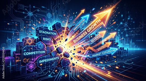 Business growth arrows breaking through obstacles with innovation and strategy, dynamic digital explosion conveying revenue expansion and competitive breakthrough energy and optimism
