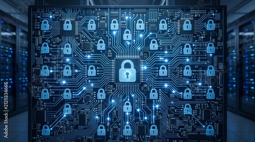 Secure blue padlock network pattern data protection circuit board cyber security encryption firewall access control server room