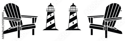 Foto Adirondack Chair and Lighthouse Icon Set Featuring Coastal Living, Beach Relaxat