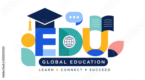 Global education logo featuring books and graduation cap.