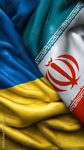 ukrainian flag waving next to iranian flag. relations ukraine iran