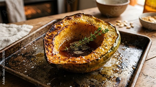Roasted acorn squash on a baking sheet, baked vegetable dish with herbs and maple glaze, perfect for National Acorn Squash Day
