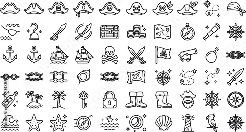 Fotografie Pirate adventure and nautical treasure line icons set for sea voyage map ship ca
