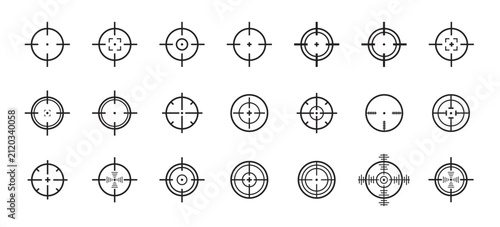 Aim or target cross symbol in circle. Illustration of weapon sign of sniper or sharpshooter. Aiming bullseye in flat design in outline style. Optical game weapon. Aim sight for hunting.