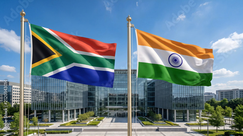 South Africa and India national flags flying in front of modern glass office buildings representing international diplomacy and business partnership