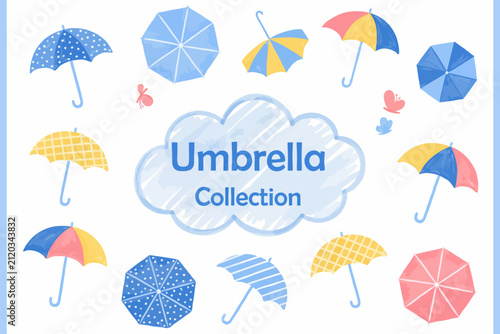 Cute colorful umbrella collection set with butterflies and rain cloud vector illustration