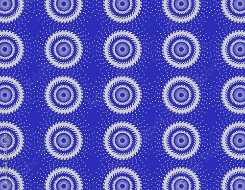 Blue background patterned silver radial geometric shapes rhythmic dots artistic minimalist design style.Perfect for modern branding, packaging, stationery, and digital projects.