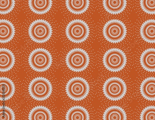 Orange background patterned silver radial geometric shapes rhythmic dots artistic minimalist design style.Perfect for modern branding, packaging, stationery, and digital projects.