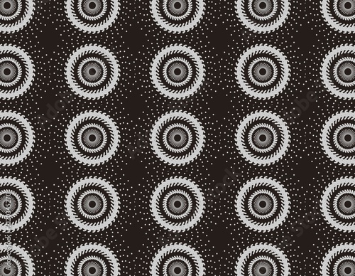 Black background patterned silver radial geometric shapes rhythmic dots artistic minimalist design style.Perfect for modern branding, packaging, stationery, and digital projects.