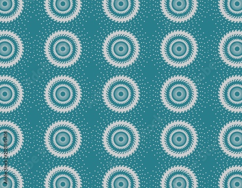 Blue background patterned silver radial geometric shapes rhythmic dots artistic minimalist design style.Perfect for modern branding, packaging, stationery, and digital projects.