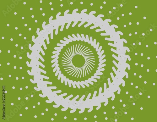 Grey radial pattern circular geometric shapes with repetitive white dots on emerald green background. Suitable for digital backgrounds, print designs, and abstract concepts.