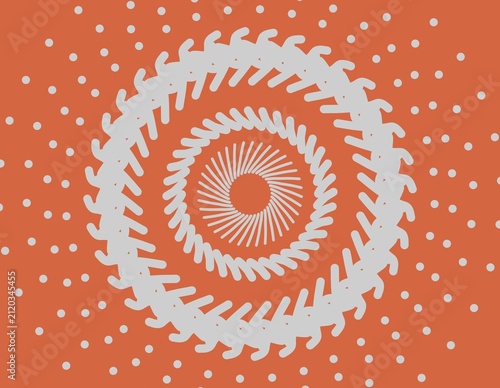 Grey radial pattern circular geometric shapes with repetitive white dots on emerald orange background. Suitable for digital backgrounds, print designs, and abstract concepts.
