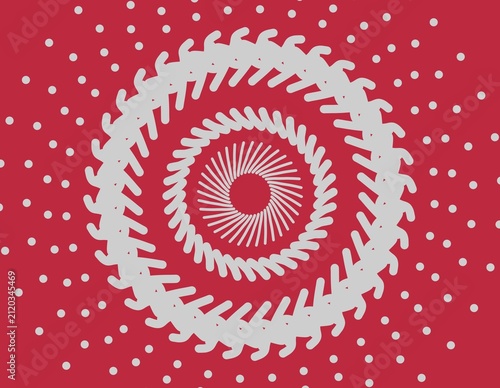 Grey radial pattern circular geometric shapes with repetitive white dots on emerald red background. Suitable for digital backgrounds, print designs, and abstract concepts.