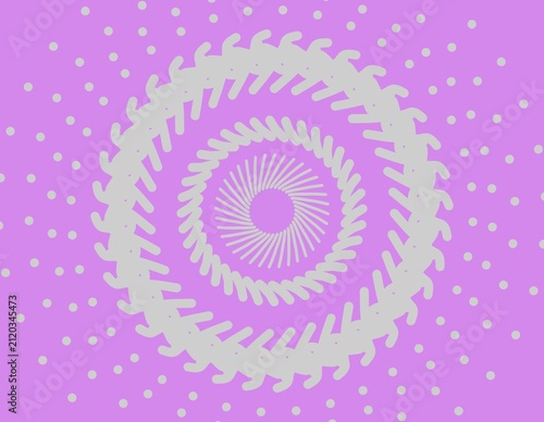 Grey radial pattern circular geometric shapes with repetitive white dots on emerald pink background. Suitable for digital backgrounds, print designs, and abstract concepts.