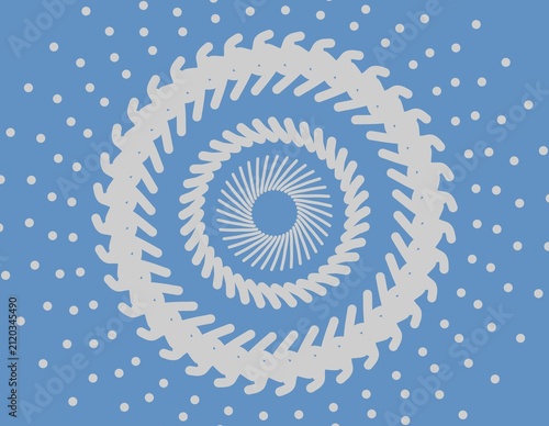 Grey radial pattern circular geometric shapes with repetitive white dots on emerald blue background. Suitable for digital backgrounds, print designs, and abstract concepts.