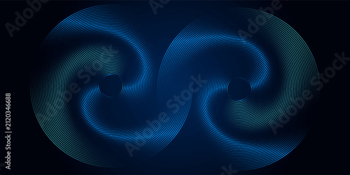 Blue abstract background with glowing circles. Swirl circular lines pattern. Geometric spiral. Twirl element. Modern graphic design. Futuristic technology concept.