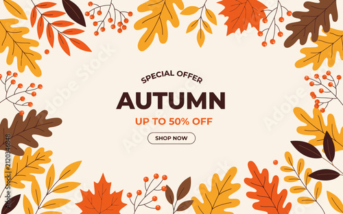Autumn sale banner background with colorful fall leaves frame for shopping promotion