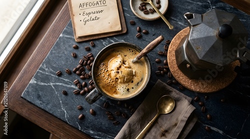Affogato coffee with ice cream, delicious espresso dessert served on marble table, perfect for National Coffee Ice Cream Day