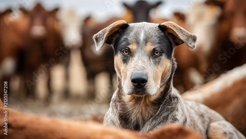 Loyal cattle dog watching over a herd of beef cows on a rural farm during the day