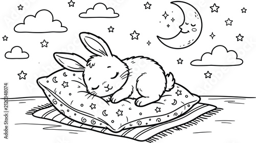 Cute baby rabbit sleeping peacefully on a soft pillow under starry night sky with moon in outline cartoon style