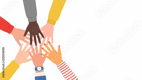 Diverse group of people putting hands together for teamwork and unity concept