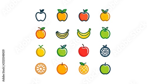 Colorful fruit emoji icons set illustration.