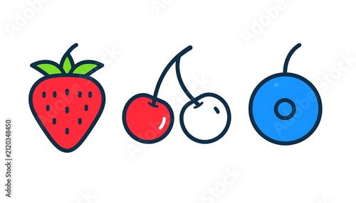 Vector illustration of three stylized strawberries and a blueberry.