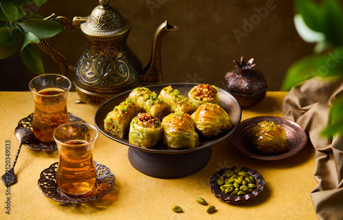 Delicious arabic dessert composition with honey pistachio baklava and armudu tea cups. Yellow and brown background. Close up.